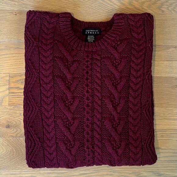 VTG 80s Express Heavyweight Cable Knit Crewneck Sweater Maroon Mens Size Large - Picture 7 of 7